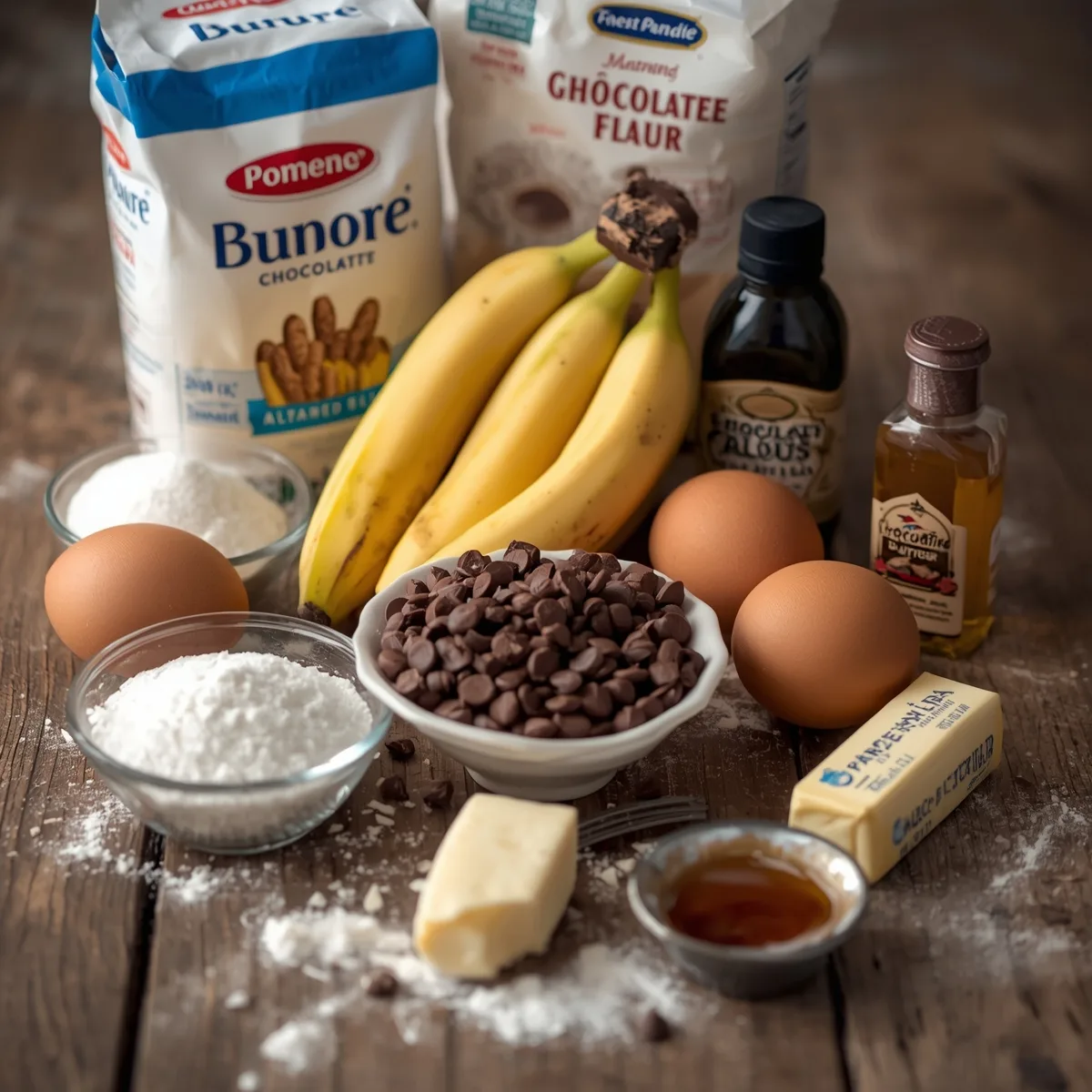Ingredients laid out for chocolate chip banana bread