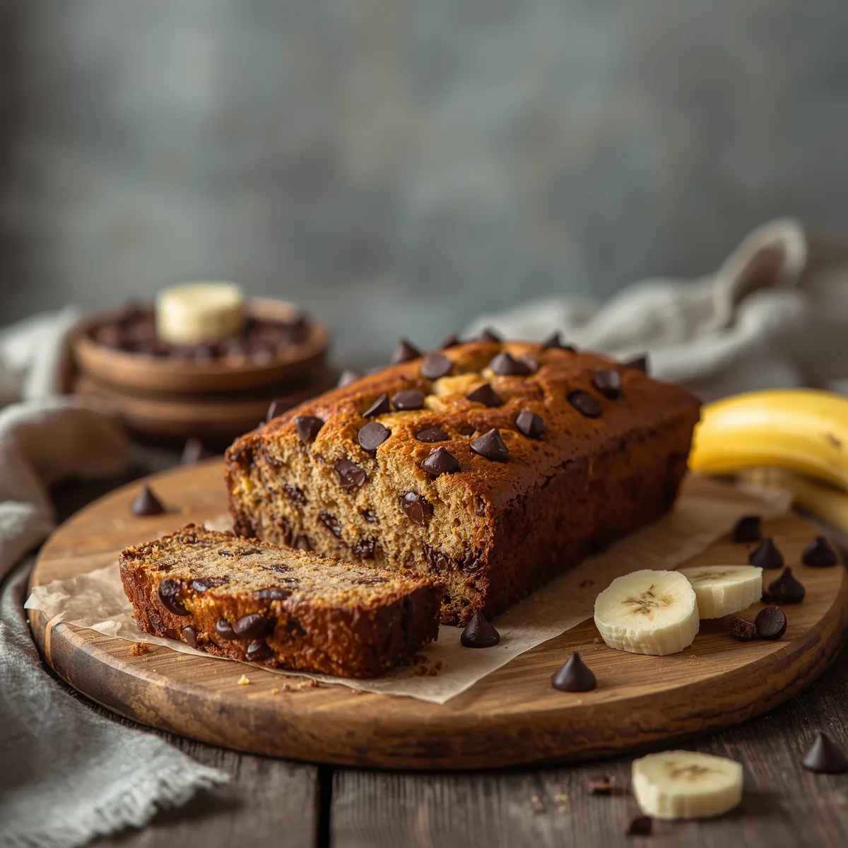 Moist chocolate chip banana bread slice close up