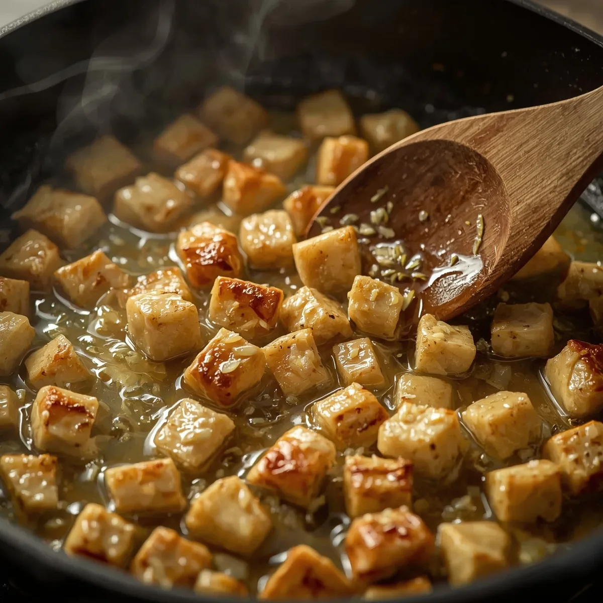 Garlic chicken cooking in skillet for cheesy chicken wraps