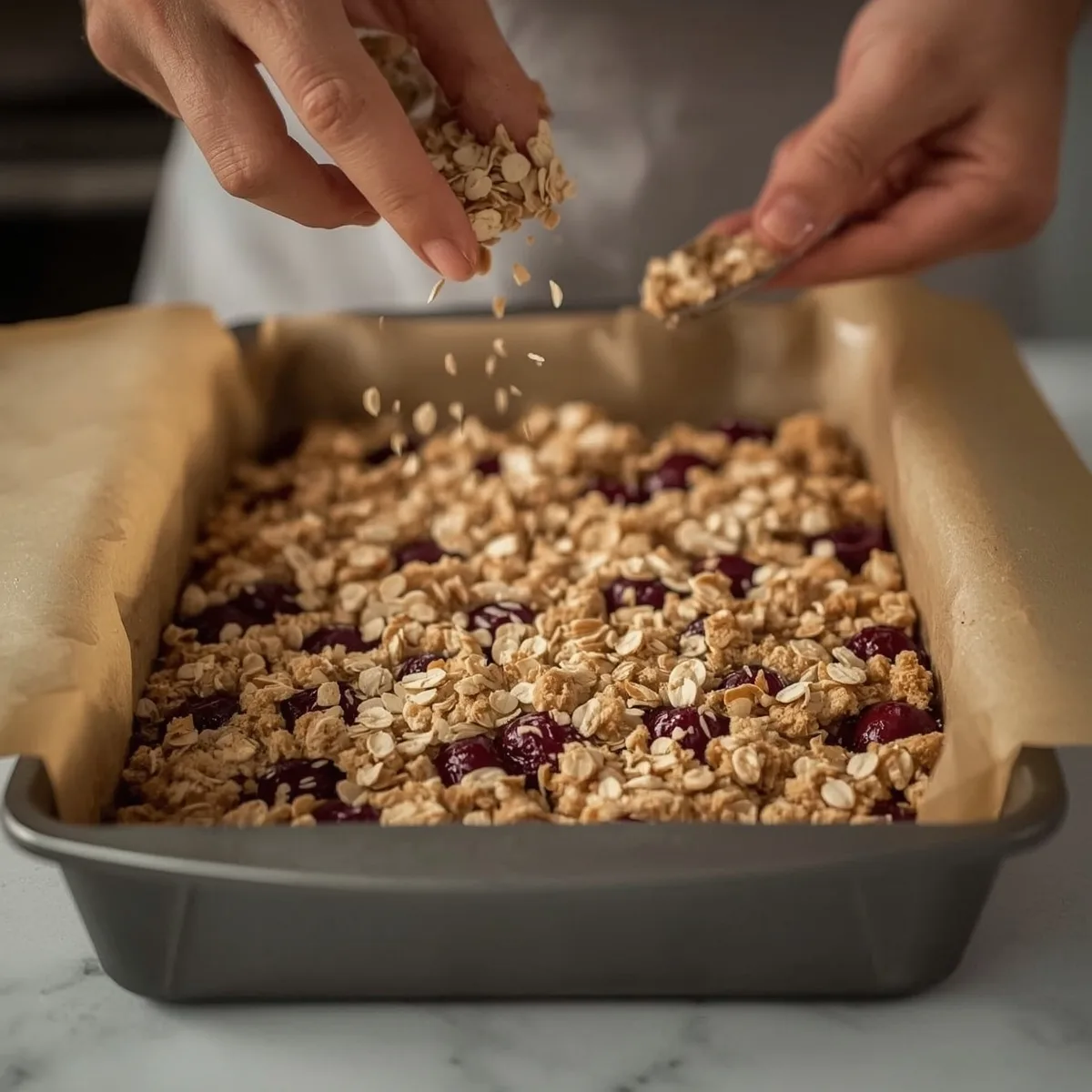 Close-up of cherry breakfast bars with crumbly oat topping and cherry filling