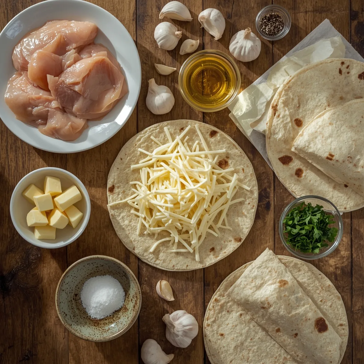 Ingredients for low carb cheesy garlic chicken wraps laid out on table