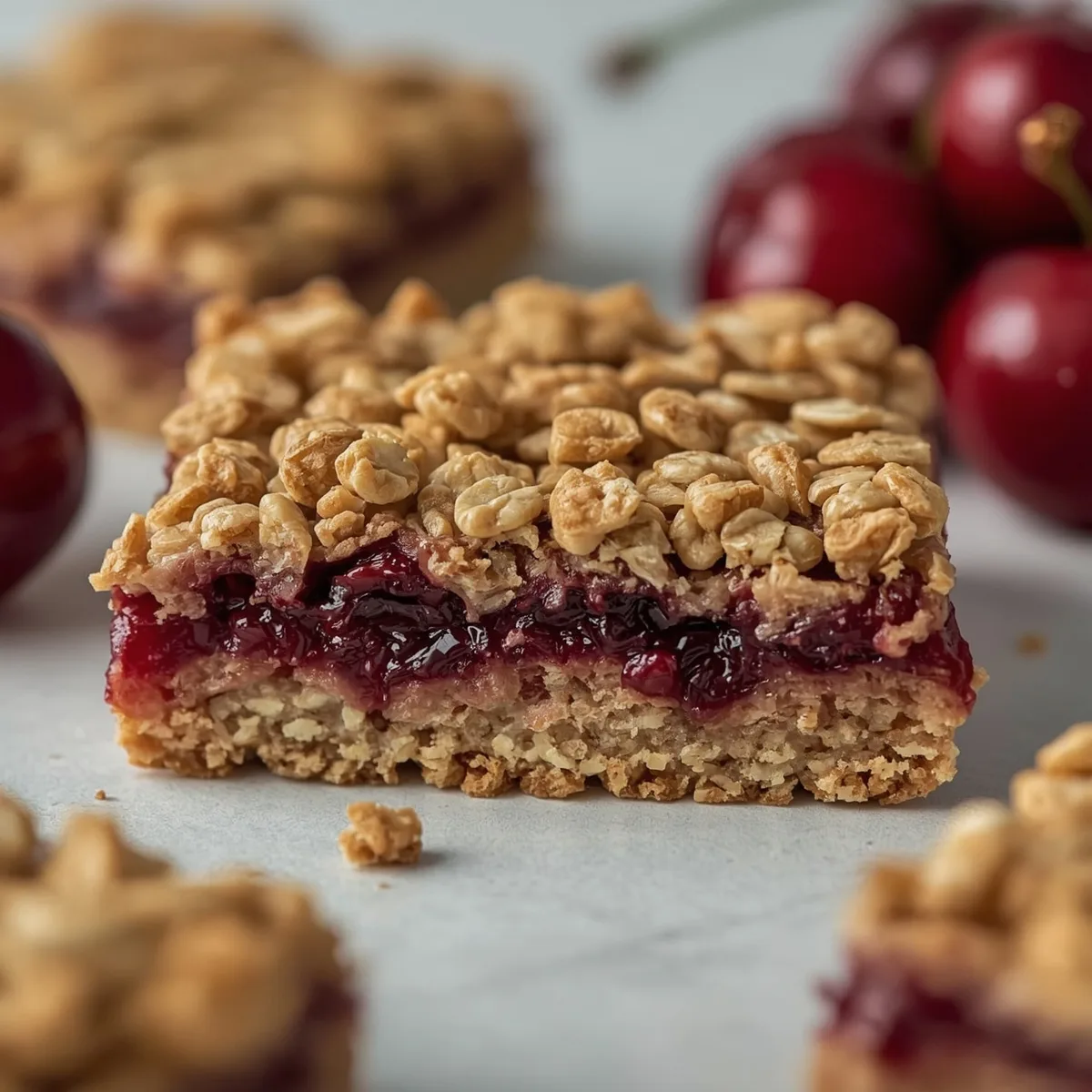 Cherry breakfast bars with golden oat crumble and juicy cherry filling