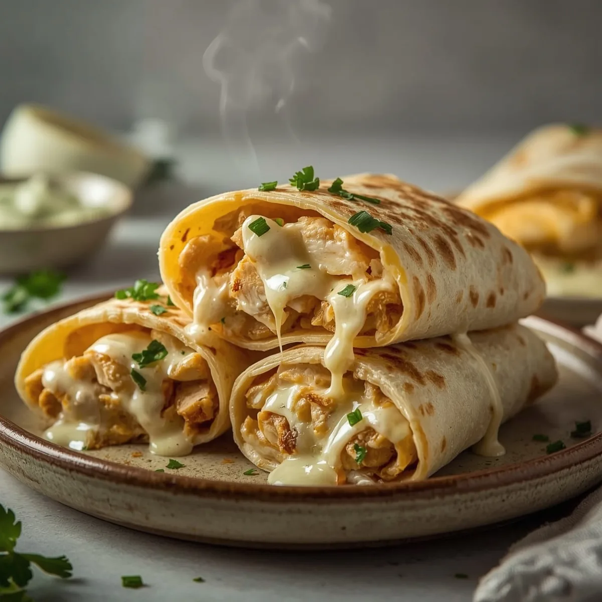 Low carb cheesy garlic chicken wraps with melted cheese inside crispy tortilla