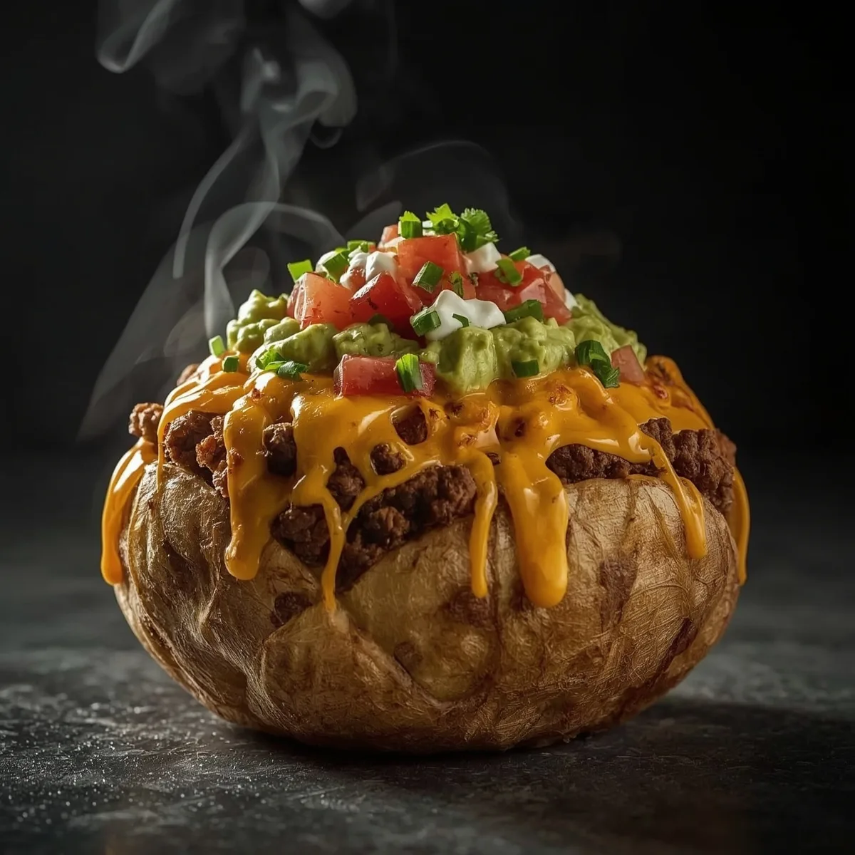 Loaded potato taco bowl with crispy potatoes, beef, cheese and toppings