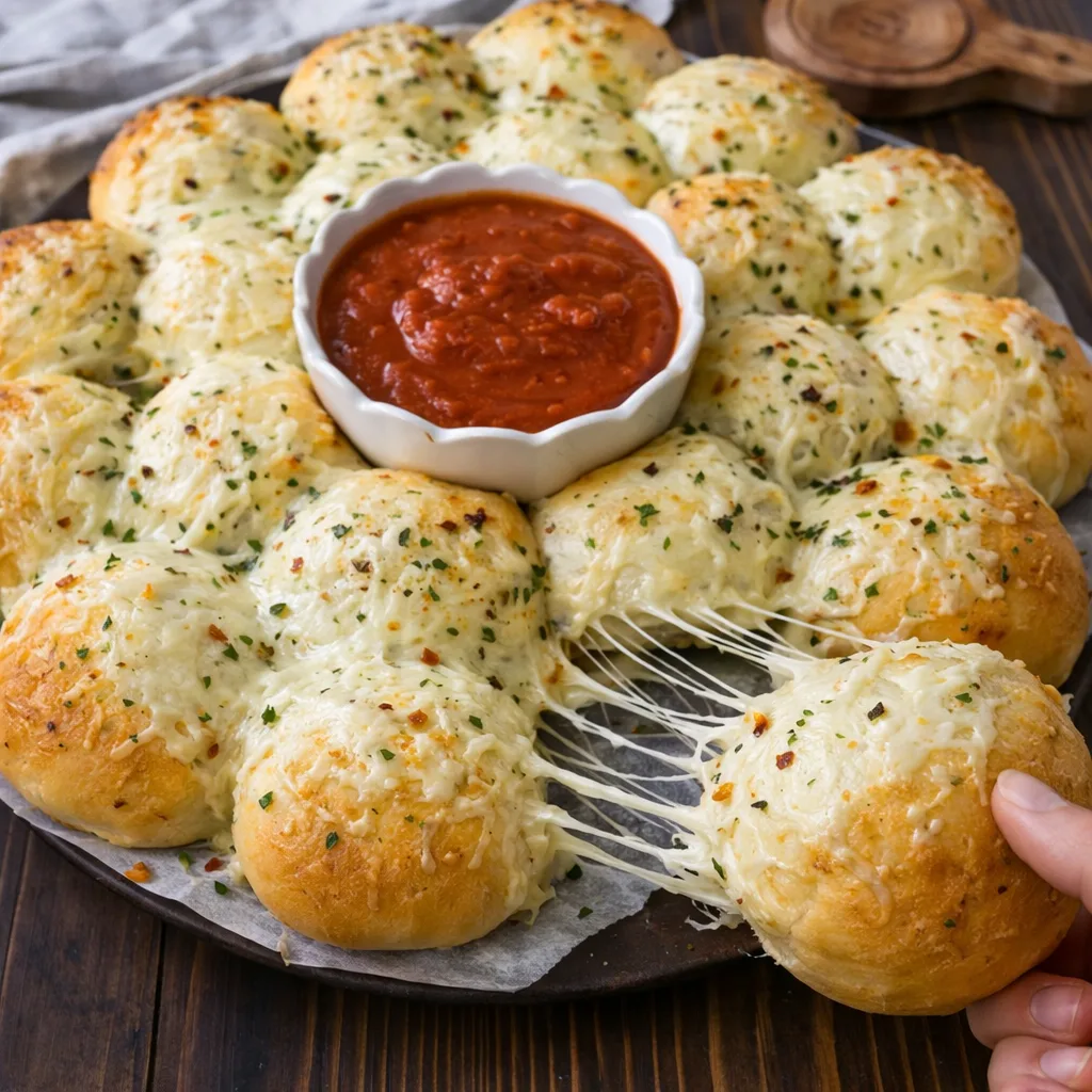 Cheesy garlic bread rolls with melted mozzarella and marinara sauce