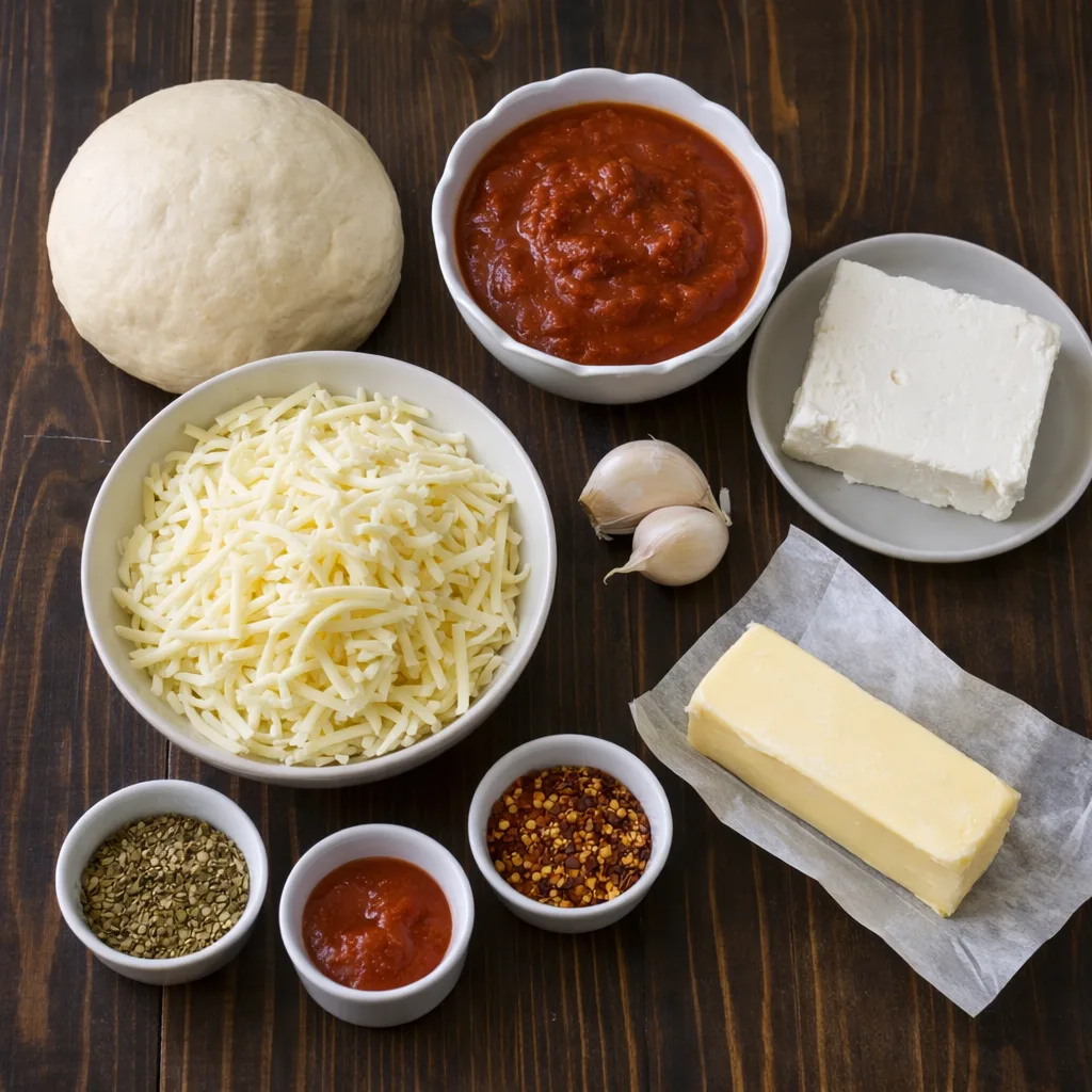Ingredients for cheesy garlic bread rolls laid out on table
