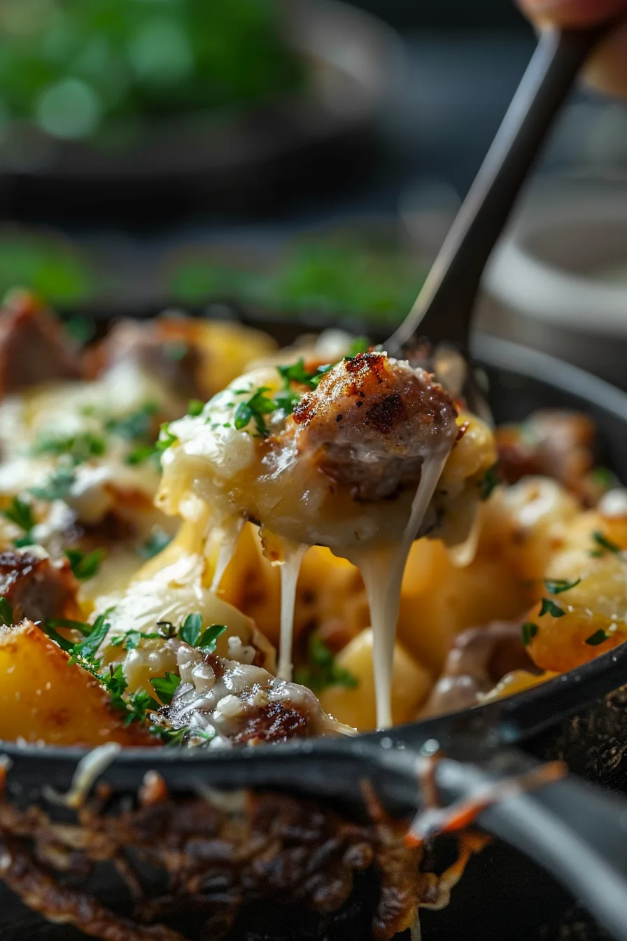 Sausage and potato breakfast bowl with eggs and cheese