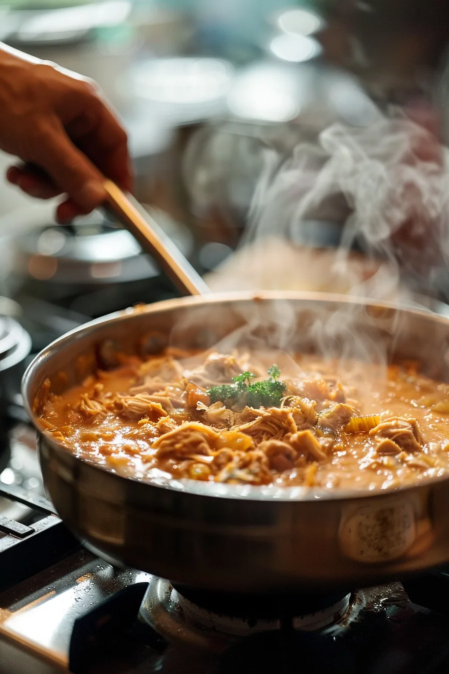 Cooking creamy chipotle chicken soup in a pot in a real kitchen