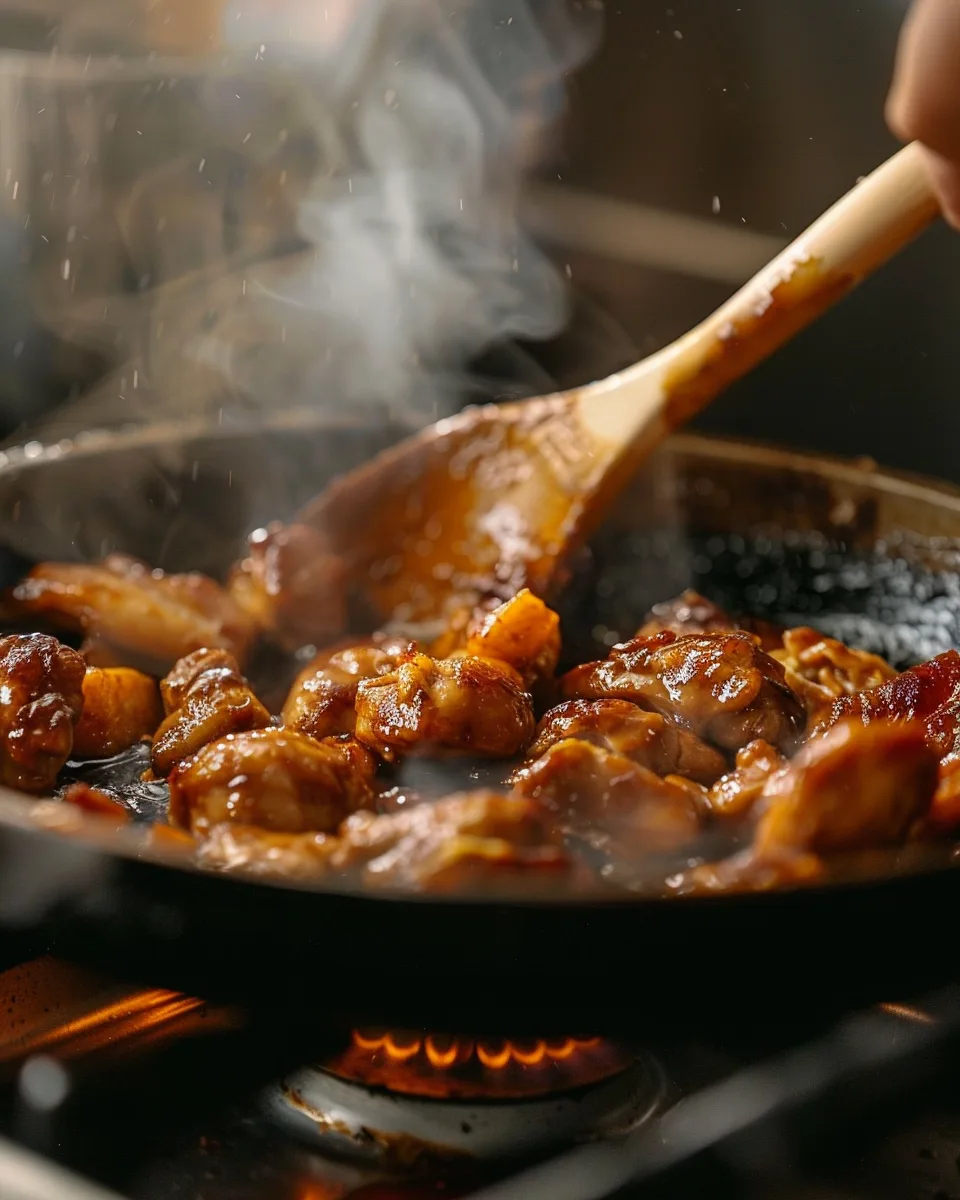 BBQ chicken sweet potato skillet cooking in a real kitchen