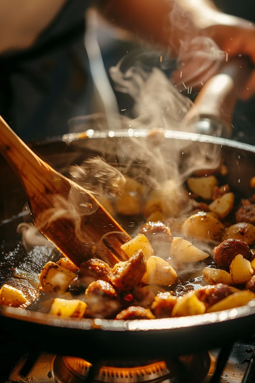 Cooking sausage and potatoes in skillet in real kitchen