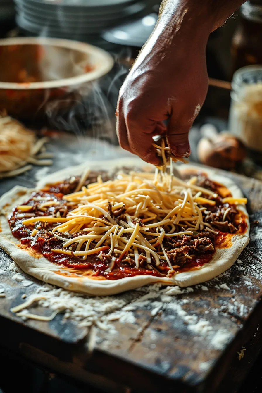 Birria pizza preparation in a real kitchen