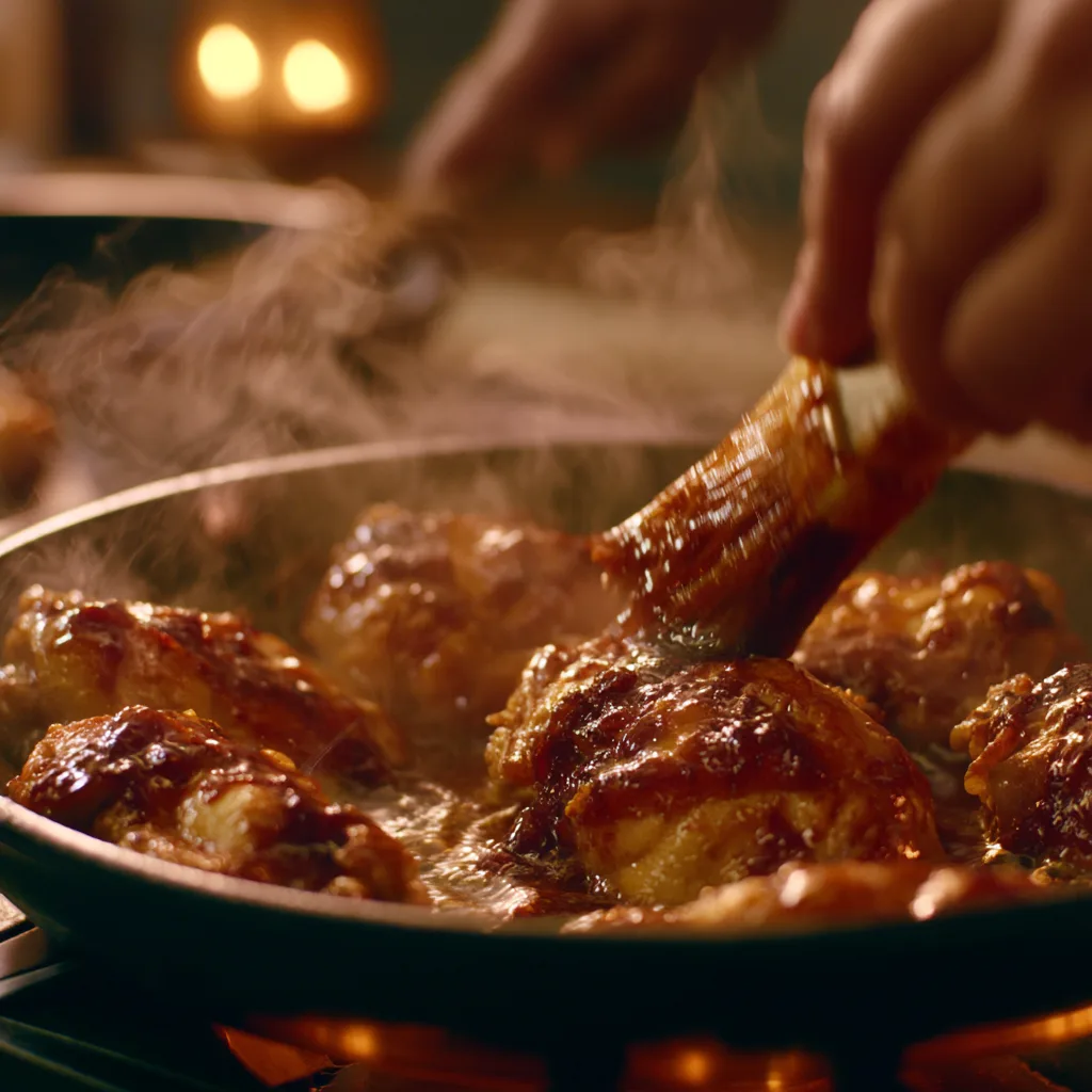 Cooking honey harissa chicken in a pan