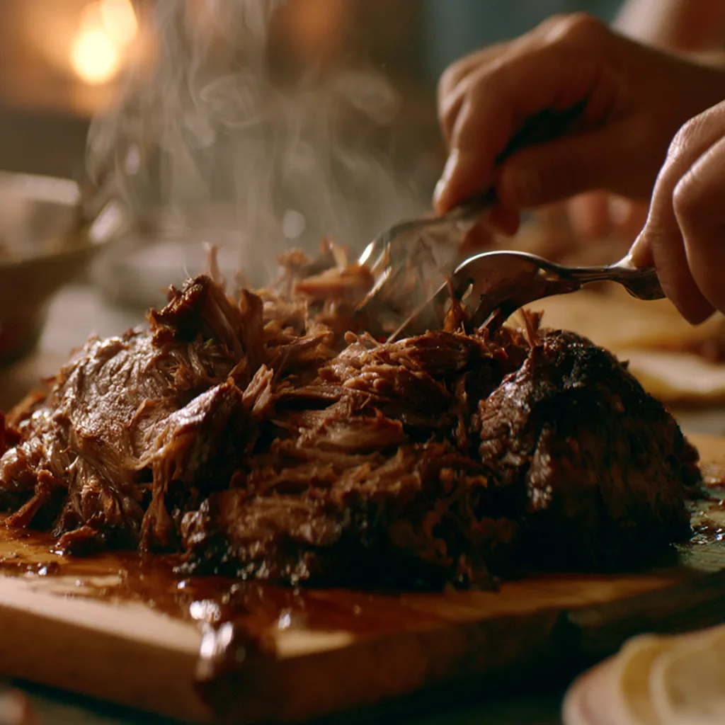 Shredded beef being prepared for tacos