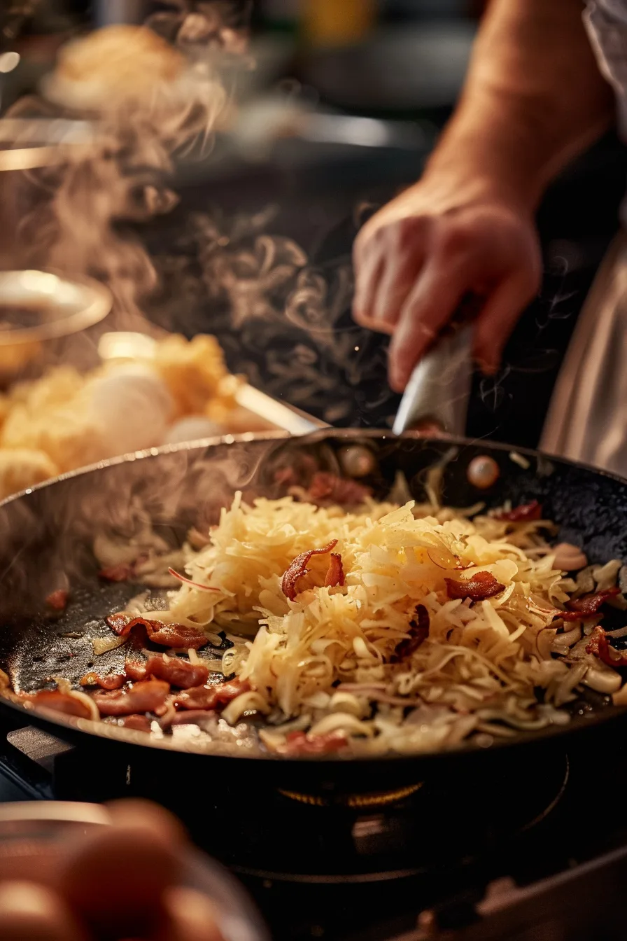 Hash browns cooking in skillet with eggs and sausage