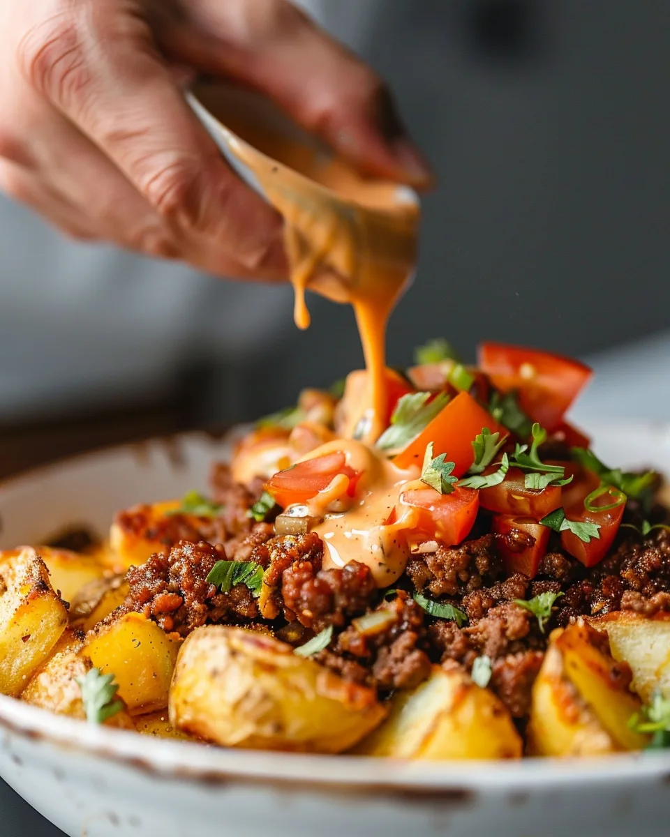 Loaded potato taco bowl preparation in a real kitchen