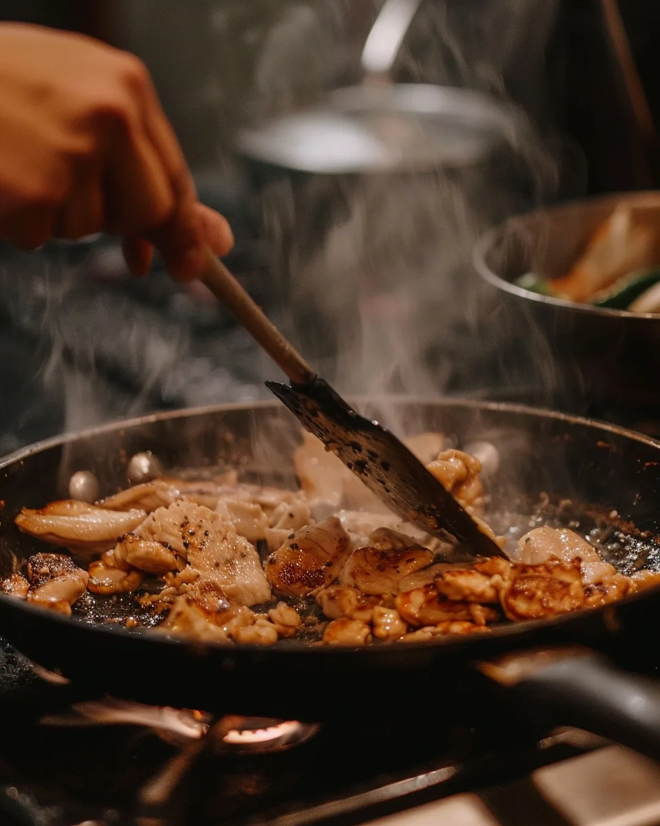 Smash chicken tacos cooking in a real kitchen