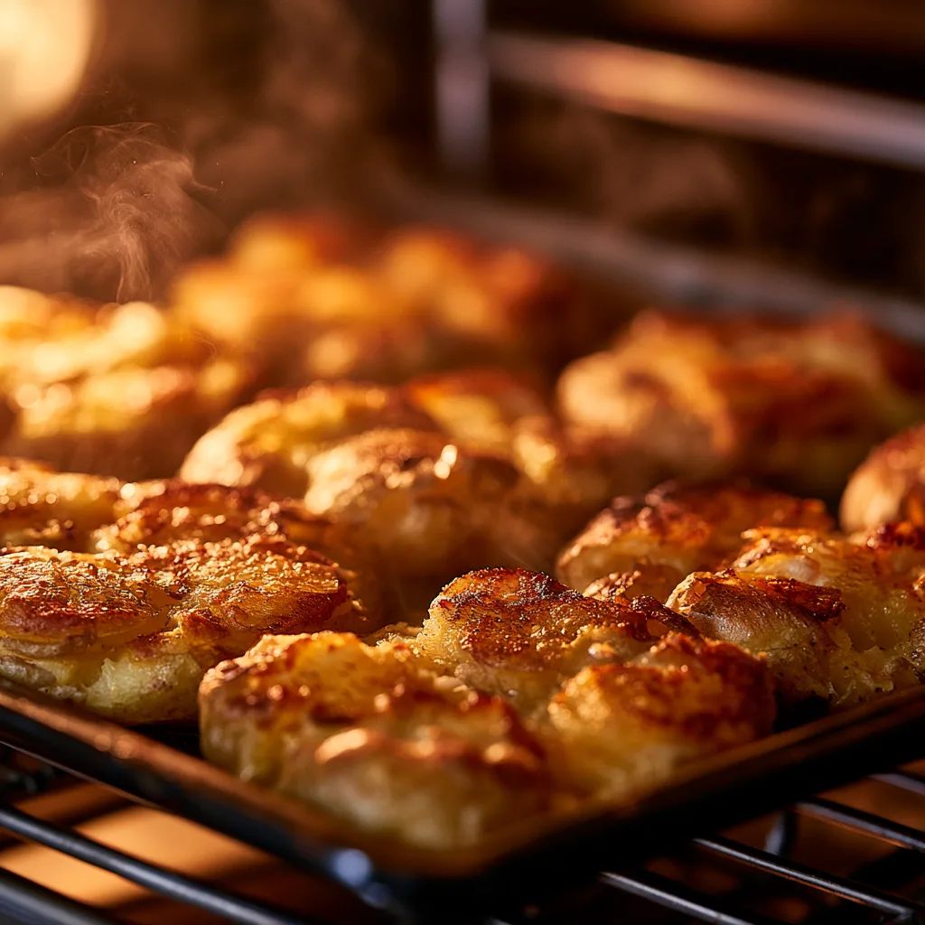 crispy smashed potatoes roasting in oven
