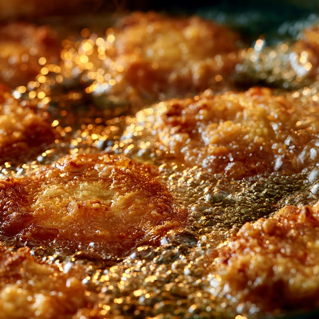 crispy chicken frying in oil golden crust