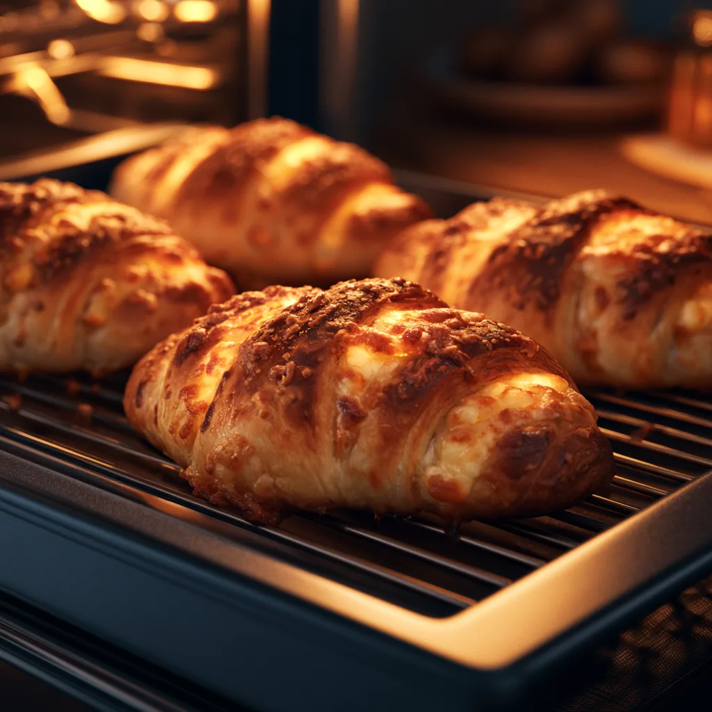 croissant rolls baking in oven golden cheese melting