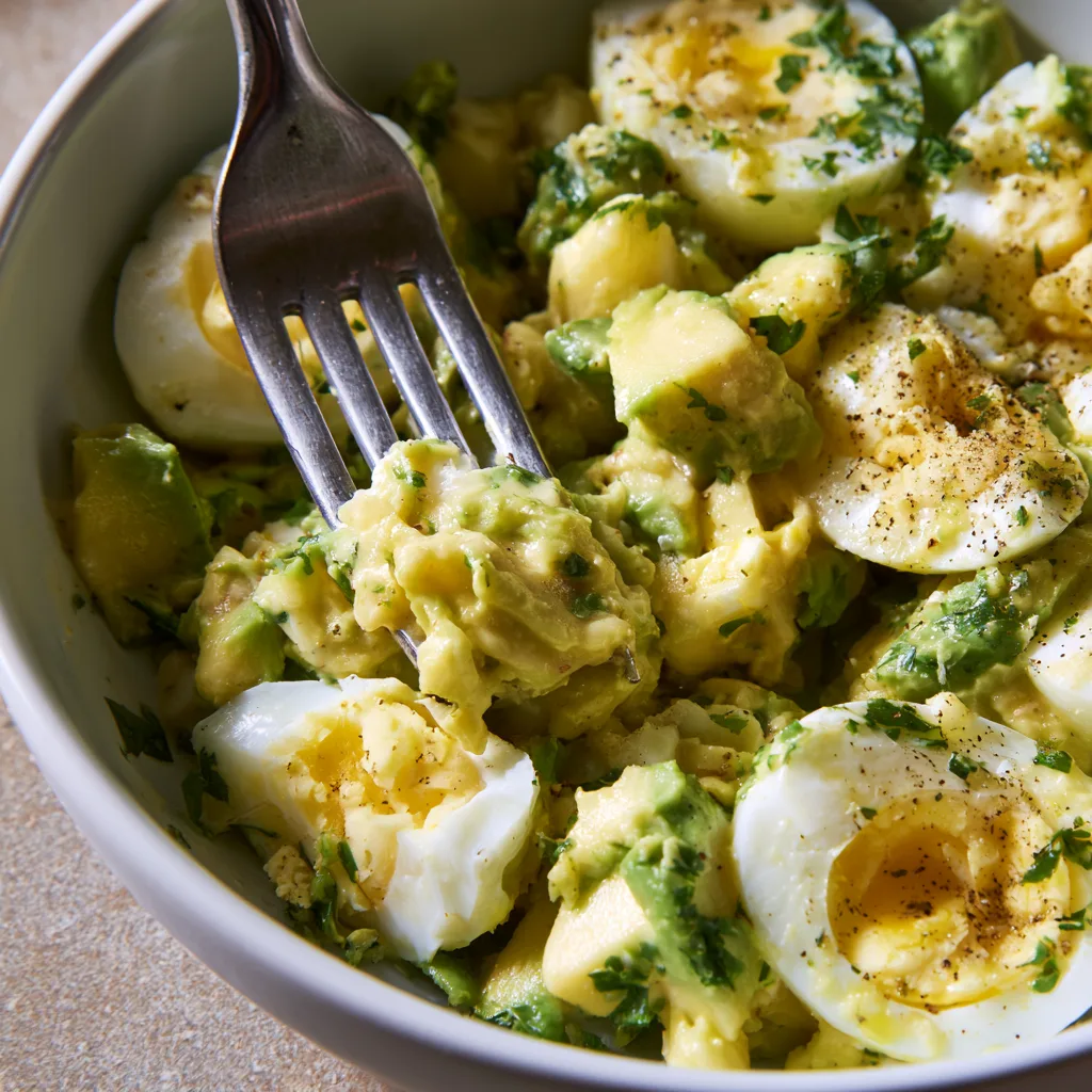 mixing egg avocado salad in a bowl
