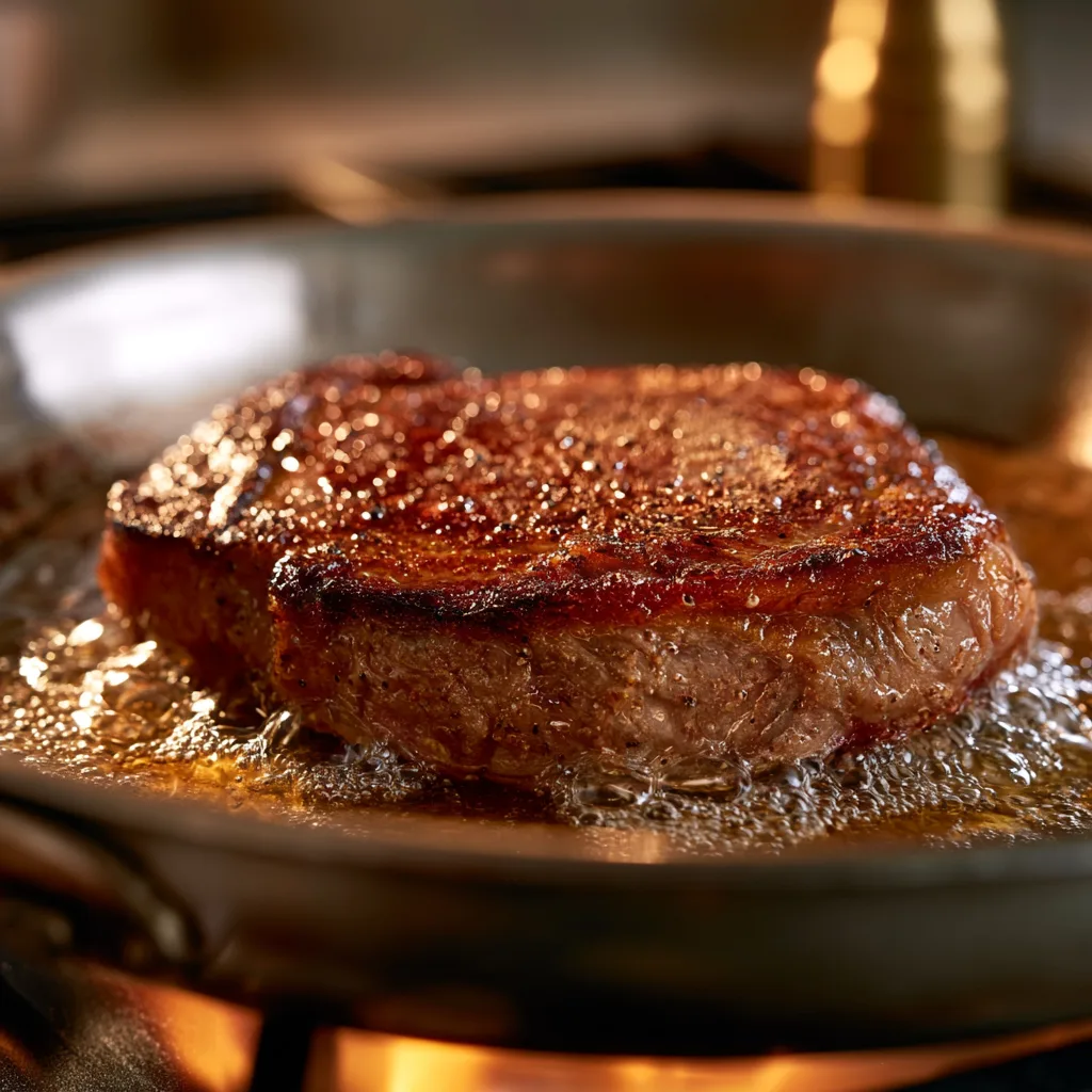 steak searing in pan crust