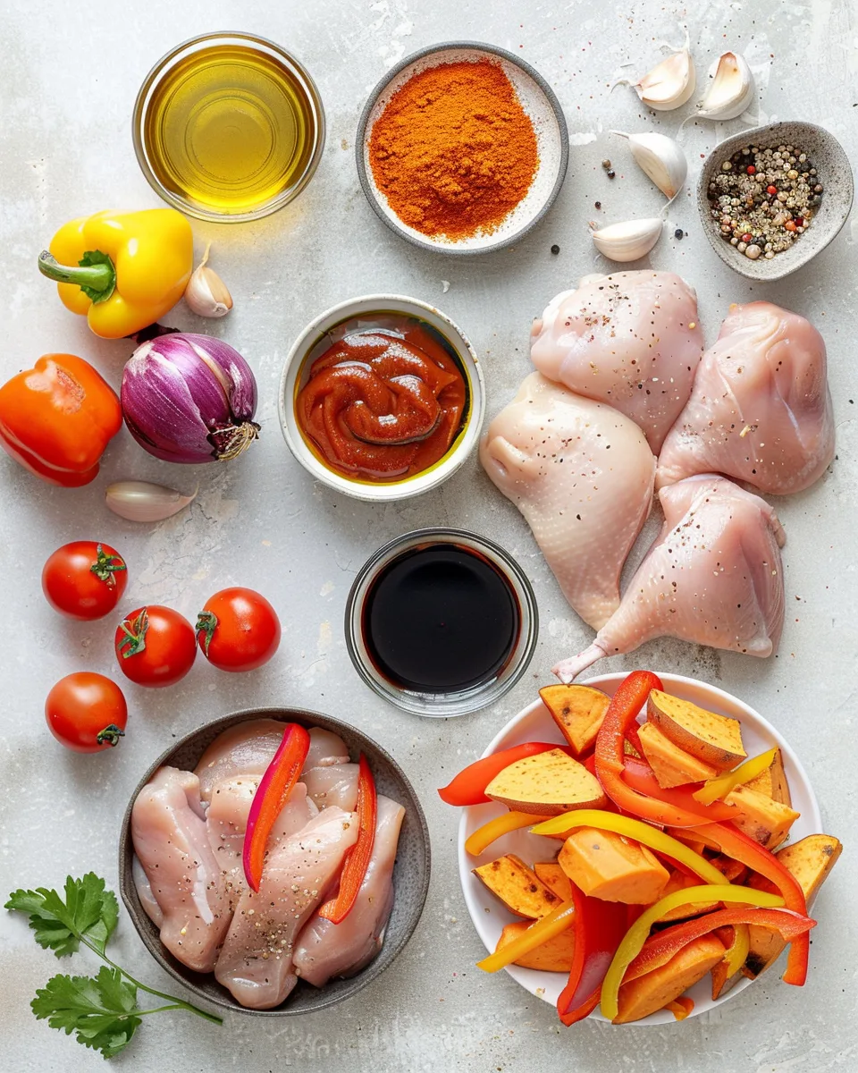 Ingredients for BBQ chicken sweet potato skillet laid out