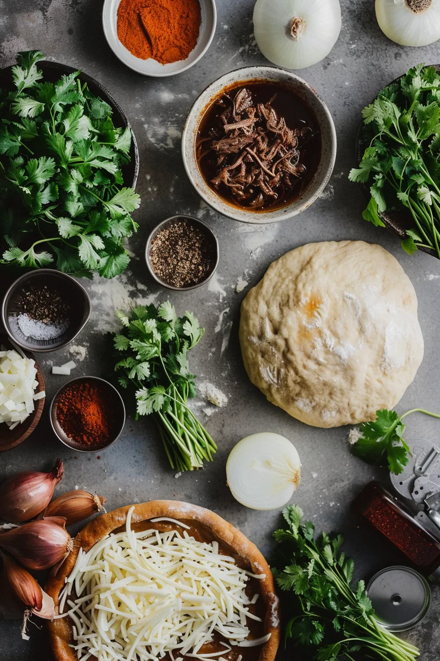 Ingredients laid out for birria pizza