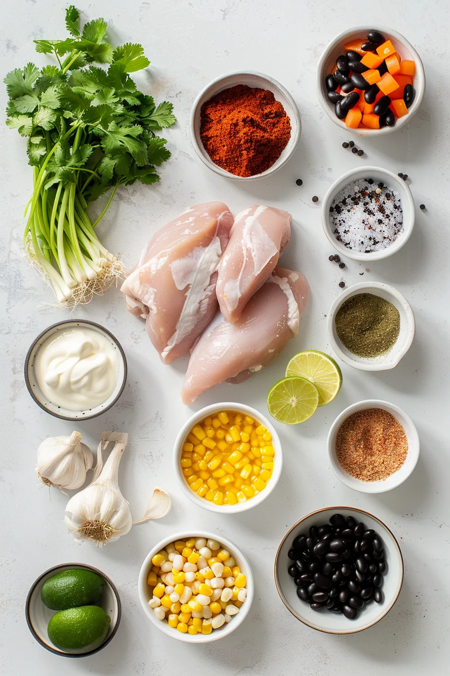 Ingredients for creamy chipotle chicken soup arranged on a table