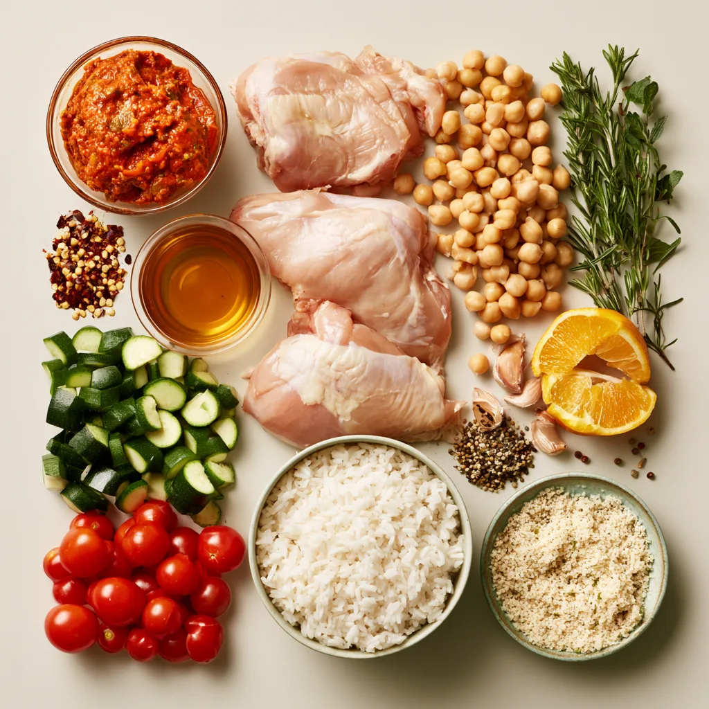 Ingredients for honey harissa chicken bowls