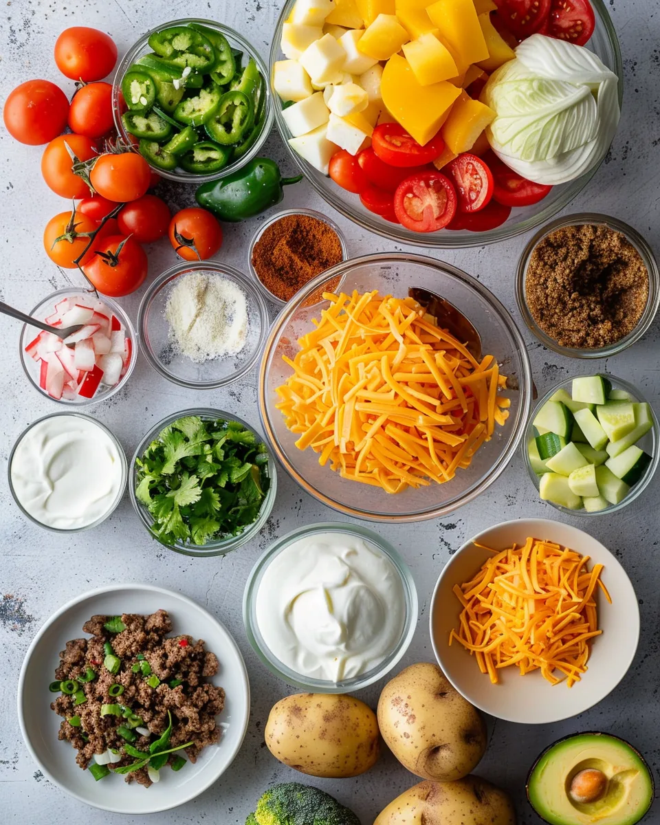 Ingredients for loaded potato taco bowl