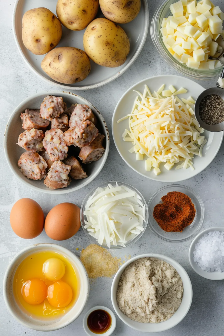 Ingredients for sausage and potato breakfast bowls
