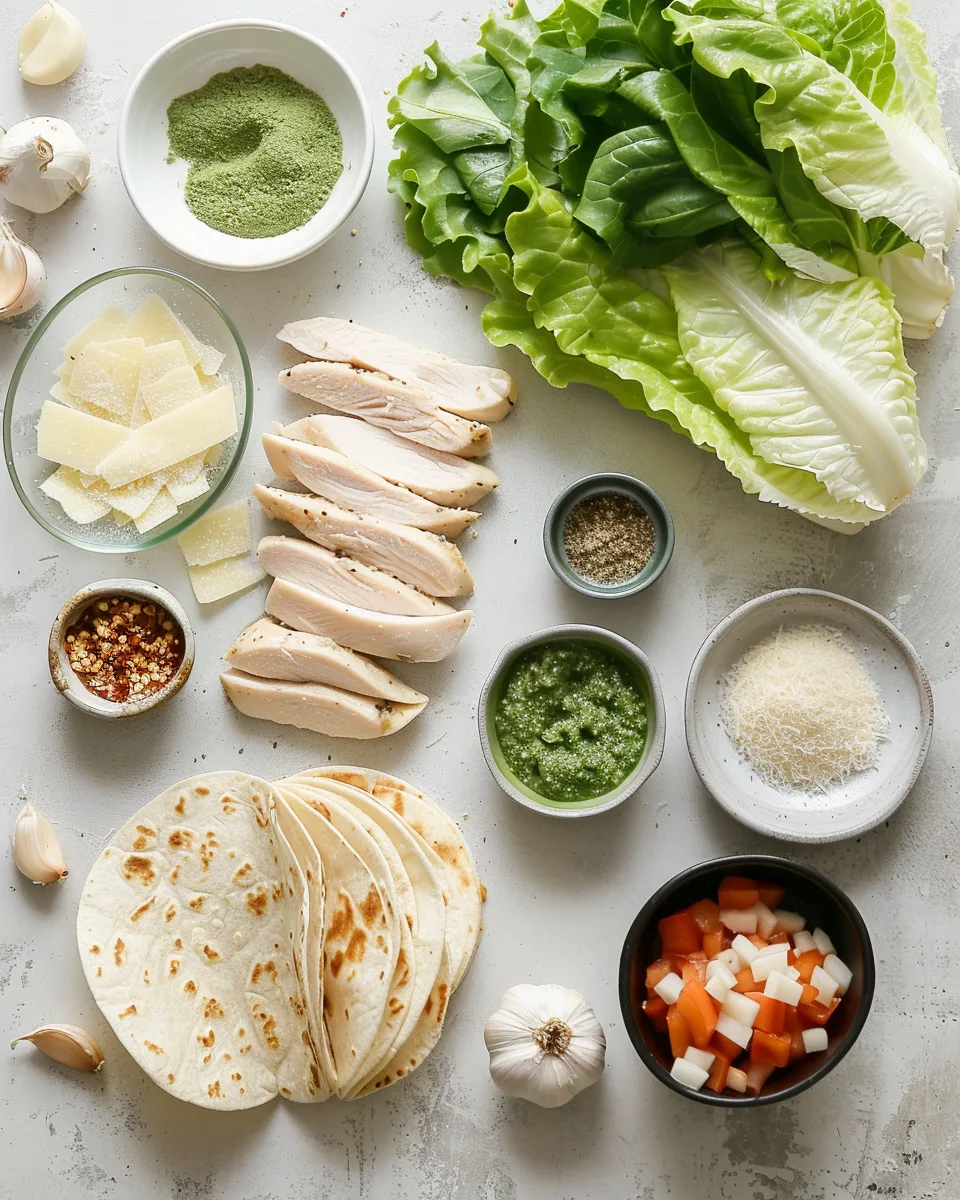 Ingredients for smash chicken caesar tacos