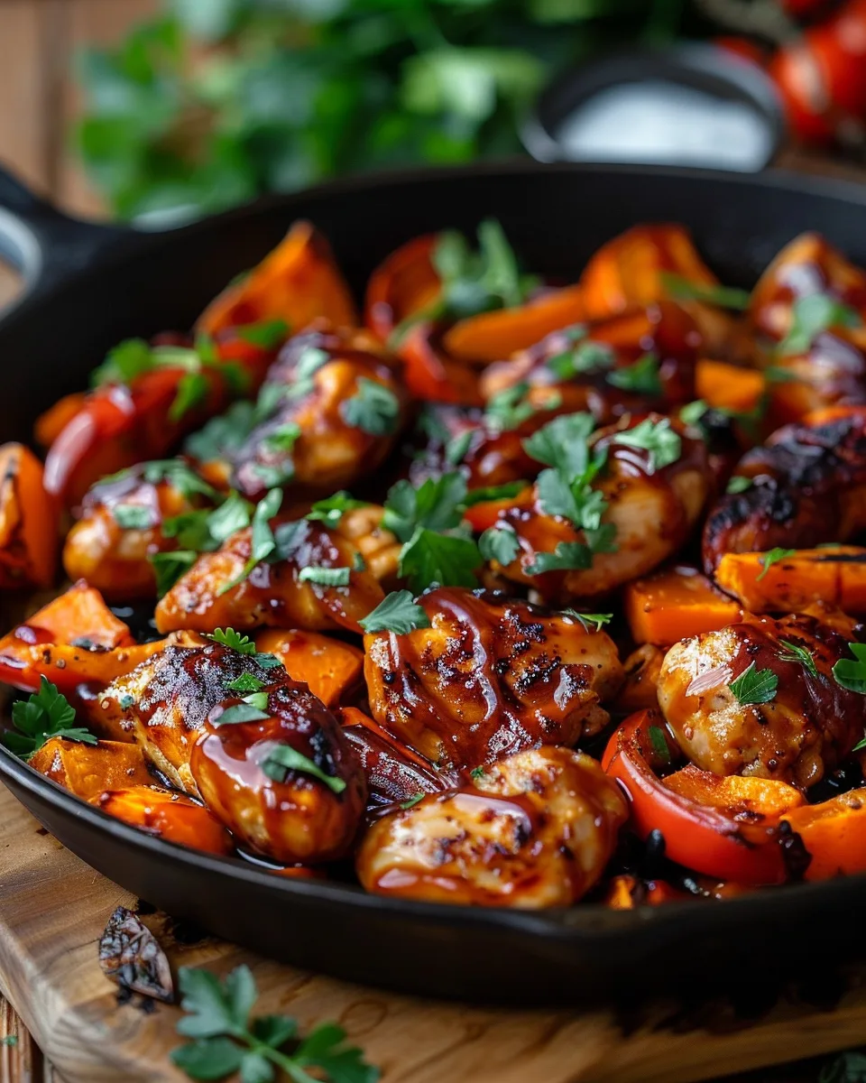 BBQ chicken sweet potato skillet with melted cheese and smoky glaze