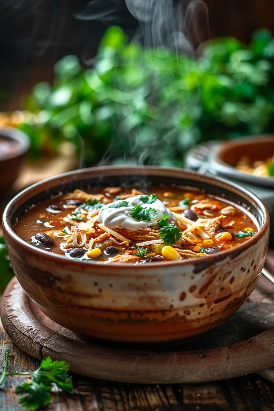 Creamy chipotle chicken soup with shredded chicken and smoky broth