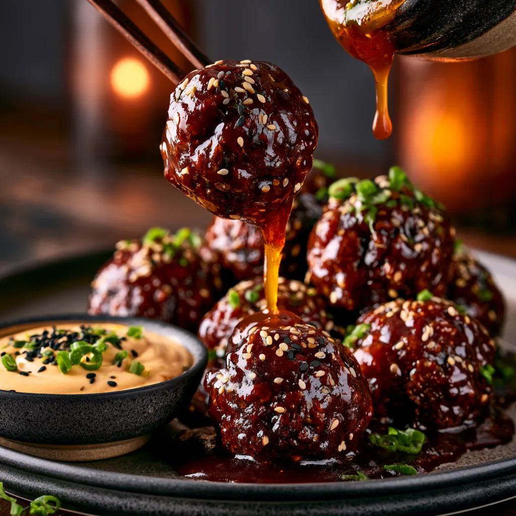 Korean BBQ meatballs with spicy mayo dip