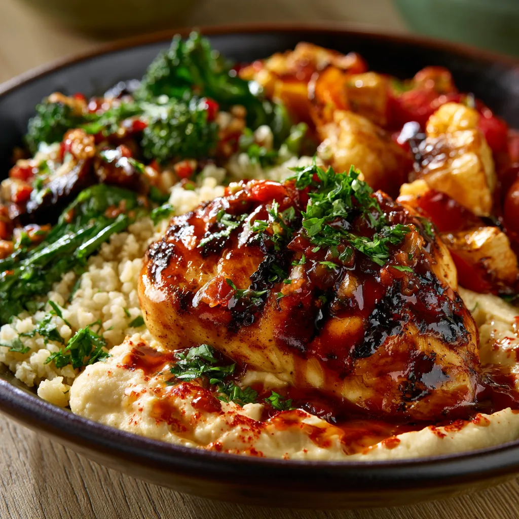 Cava honey harissa chicken bowl with rice and fresh toppings