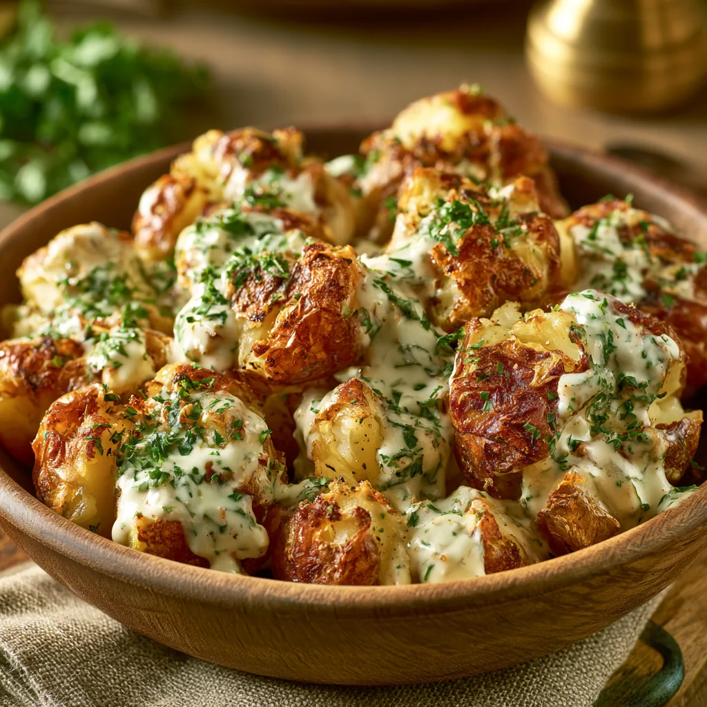 crispy smashed potato salad with creamy dressing and herbs