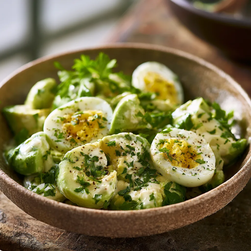 egg avocado salad with boiled eggs and fresh vegetables