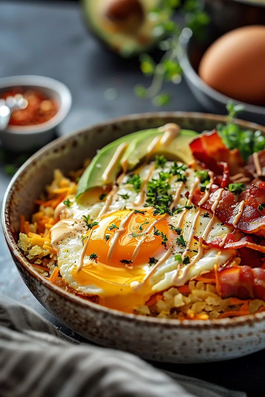 Hash brown breakfast bowl with eggs, sausage and cheese