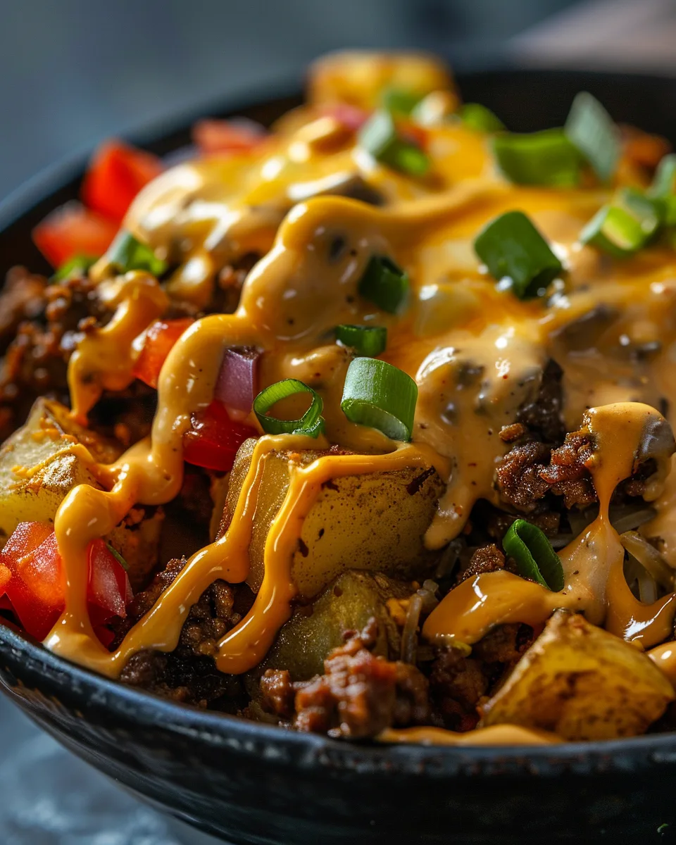 Loaded potato taco bowl with crispy potatoes and melted cheese