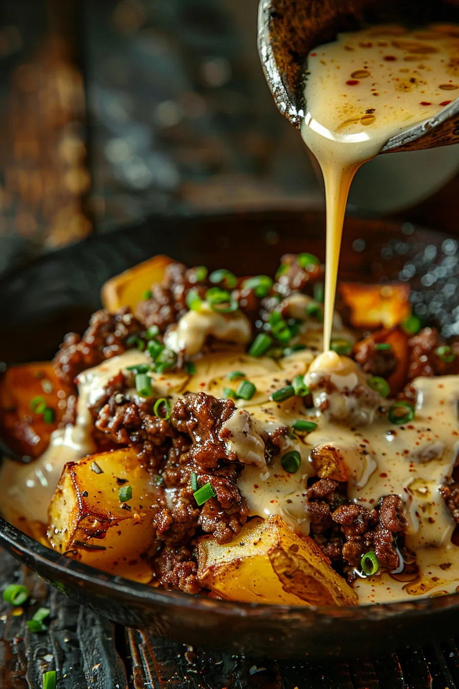 Ground beef coated in glossy hot honey sauce
