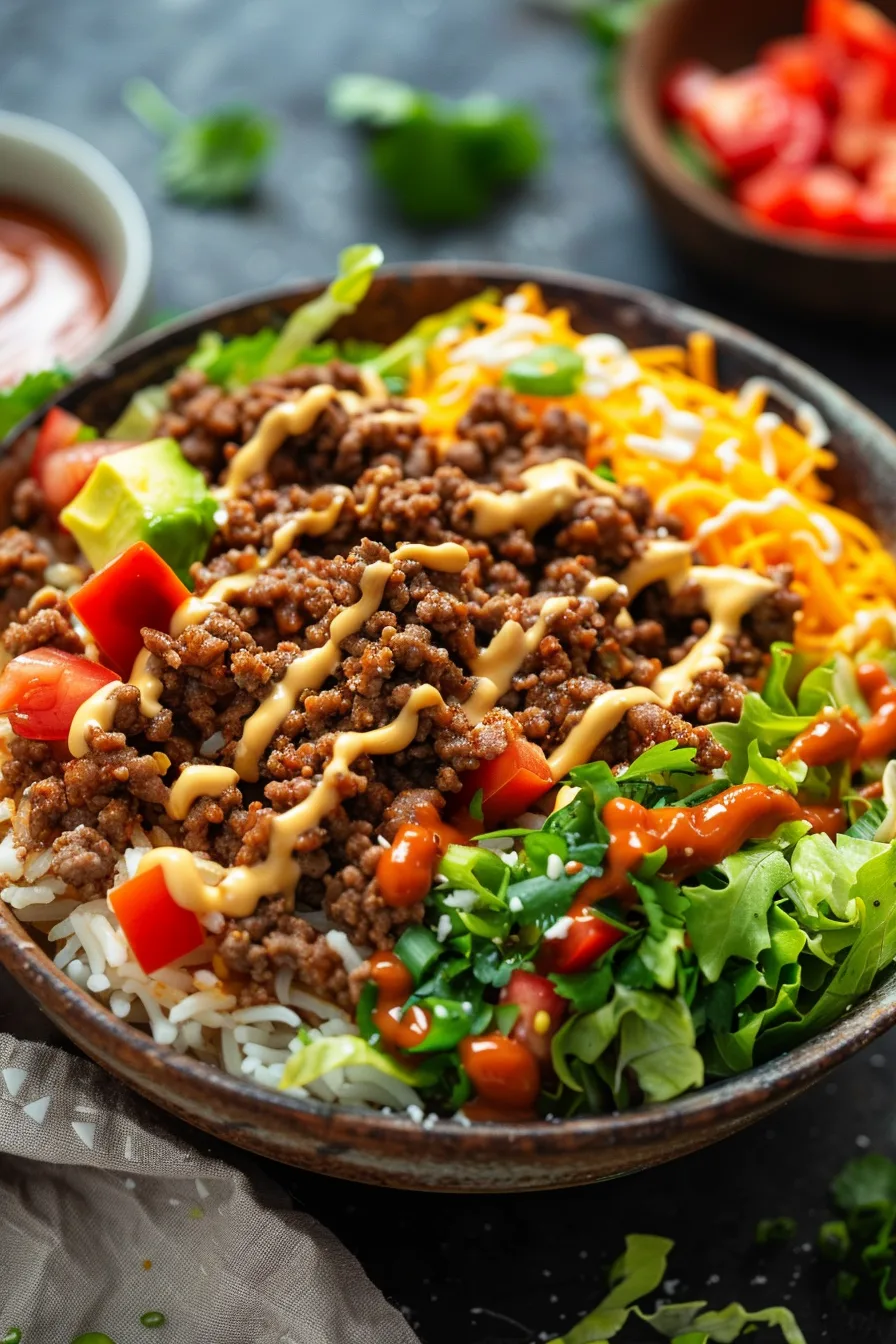 Quick and easy taco bowl with ground beef, rice, avocado and toppings