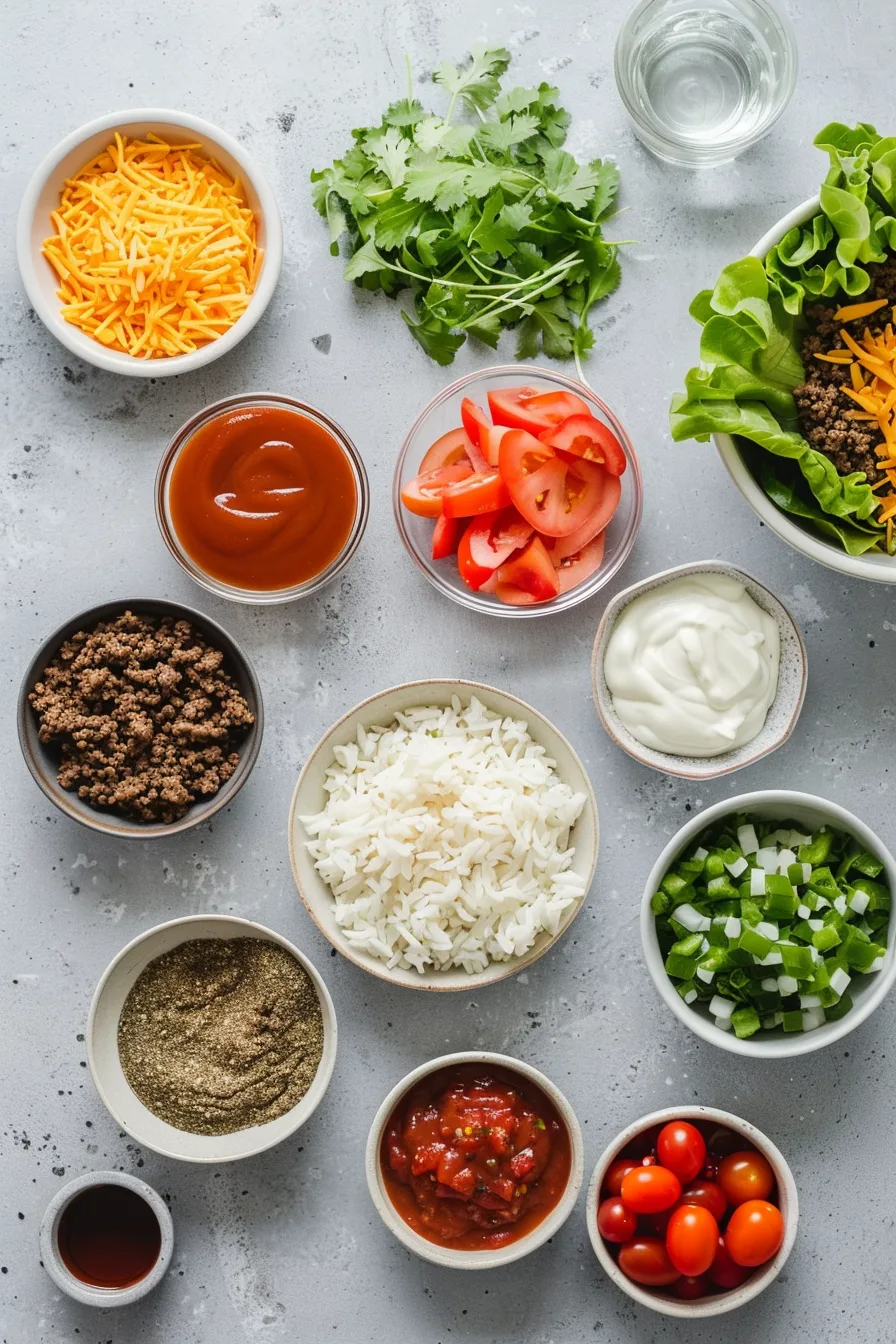 Ingredients laid out for quick taco bowl recipe